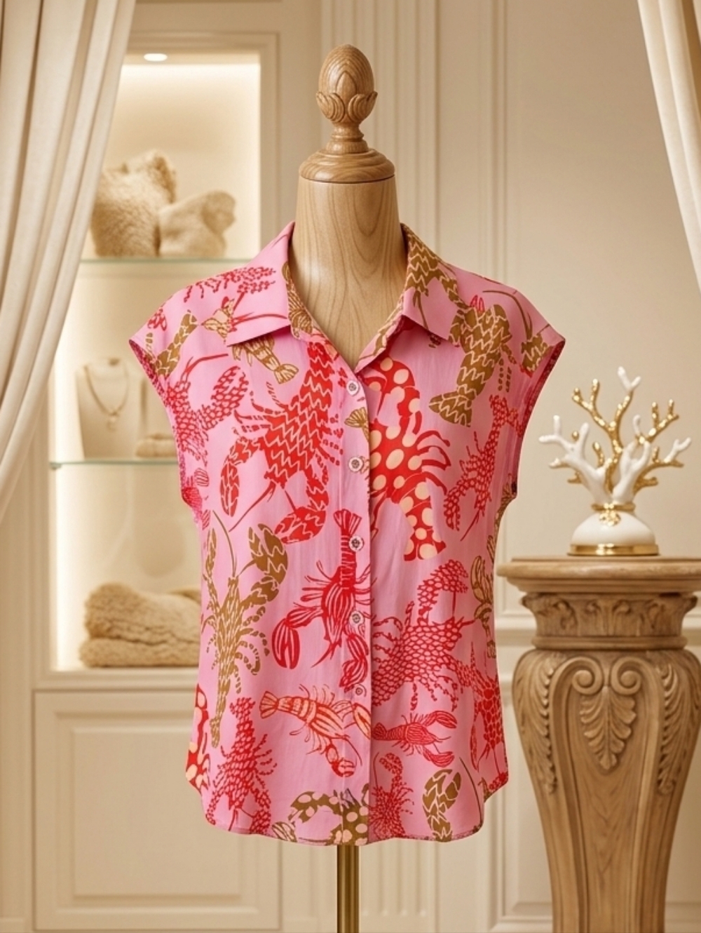 Maison d’ Amelie Pink Lobster Print Sleeveless Button-Up Top Sz S